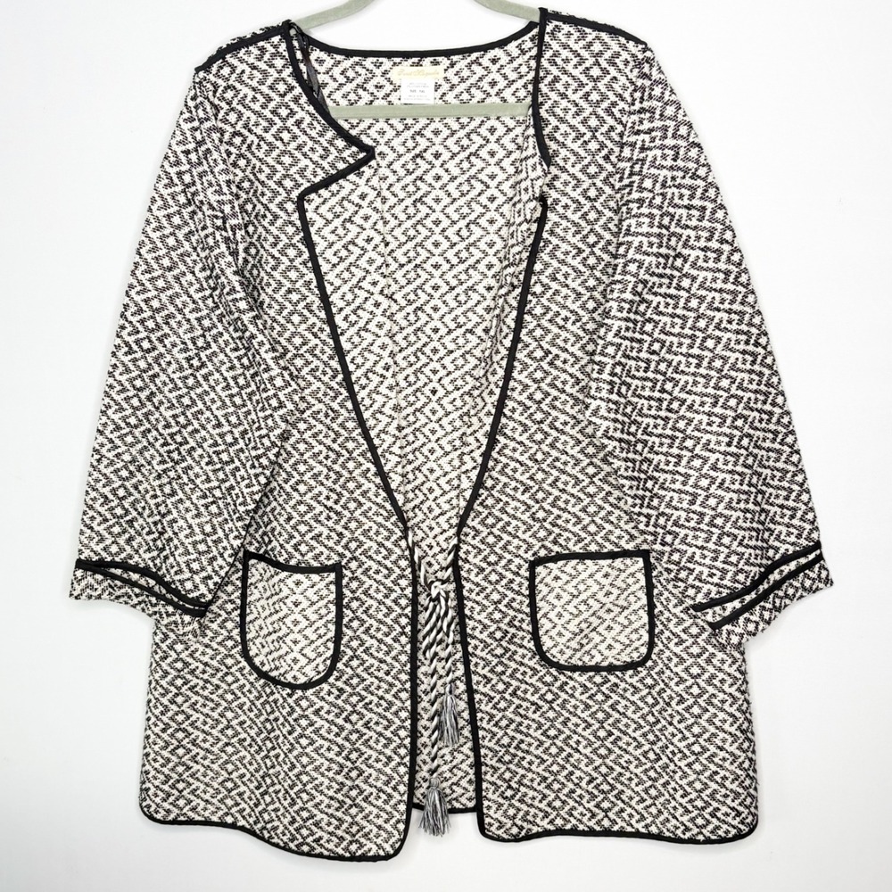 Sweet Magnolia Black White Geometric Cotton Cardigan Jacket Tassel Tie XXL